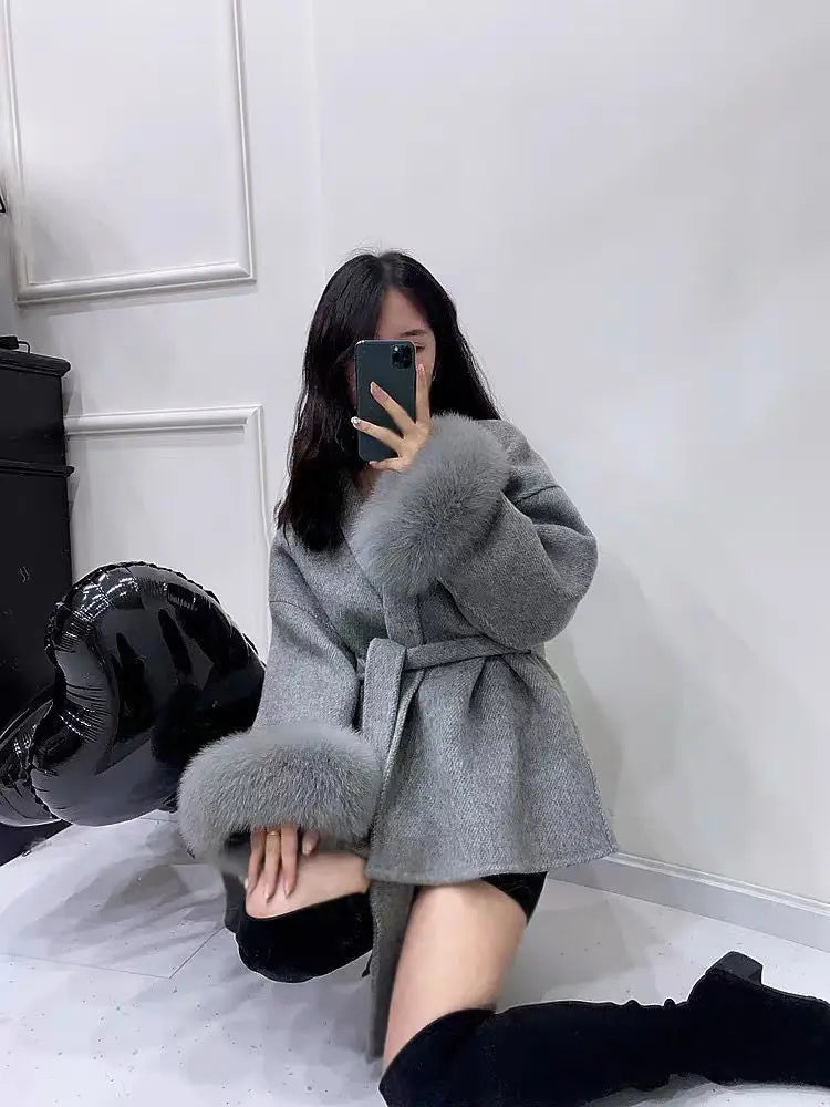Women Versatile Tweed Cape Coat Belted fox fur Blends Coat for Women