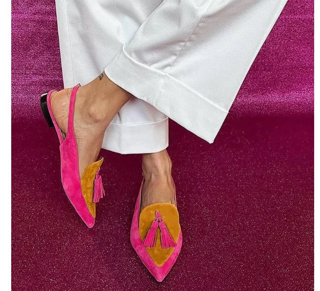 Color Block Women's Flat Shoes Pointed Tassel Low Heel Back Air Sandals
