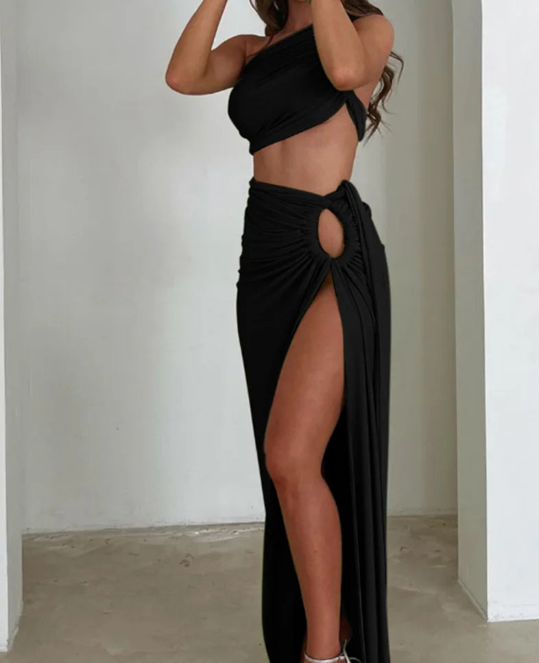 Sexy Sleeveless Solid Color Slim Fit Strapless Tank Top + Split Skirt Set For Women