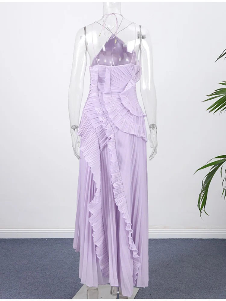 Sexy Halter Neck Pleated Ruffled Long Dress Women Bridesmaids Maxi Dress