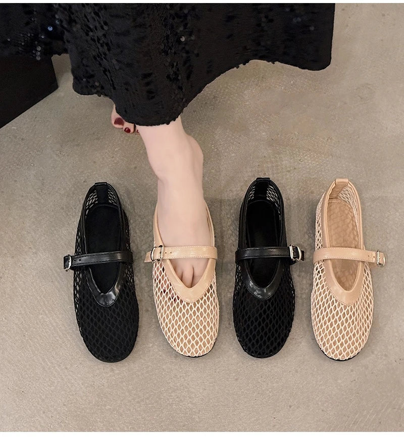 Breathable Mesh Black Ballet Shoes Daily Walking Street Sandals