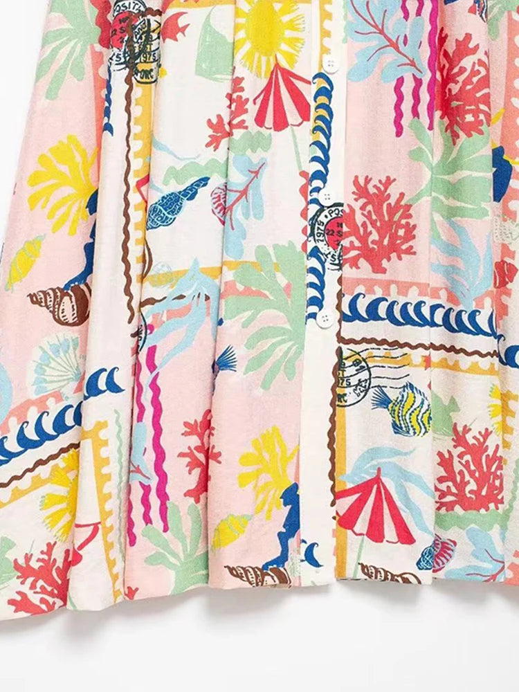 Colorful Printed Suspenders Skirt Set Women Patchwork Quilted High Waist Skirt Two Piece Summer