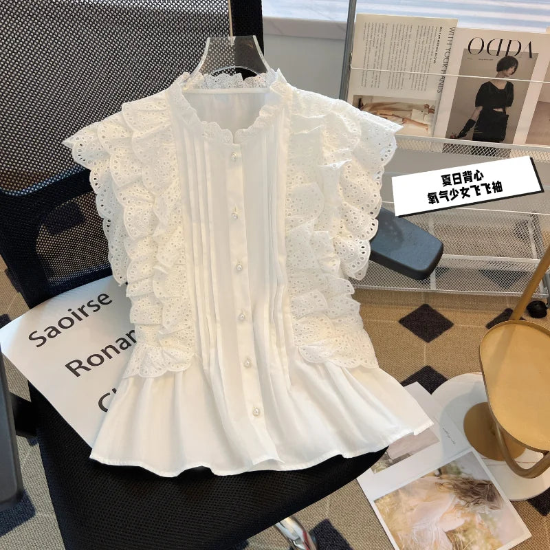 Flying Sleeve White Shirts Vintage Sleeveless Ruffled Lace Blouse for Woman
