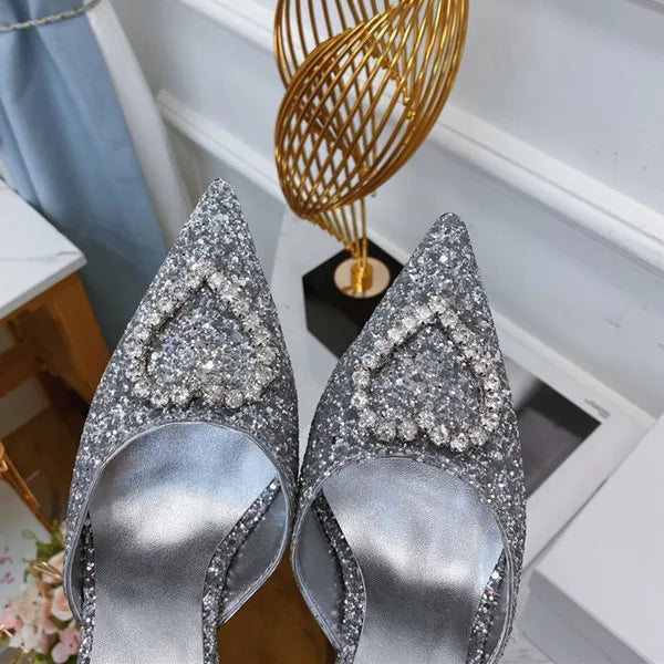 Shallow Mouth High-heeled Women's Shoes Love Rhinestone Shining Thin Heel Pump Slippers