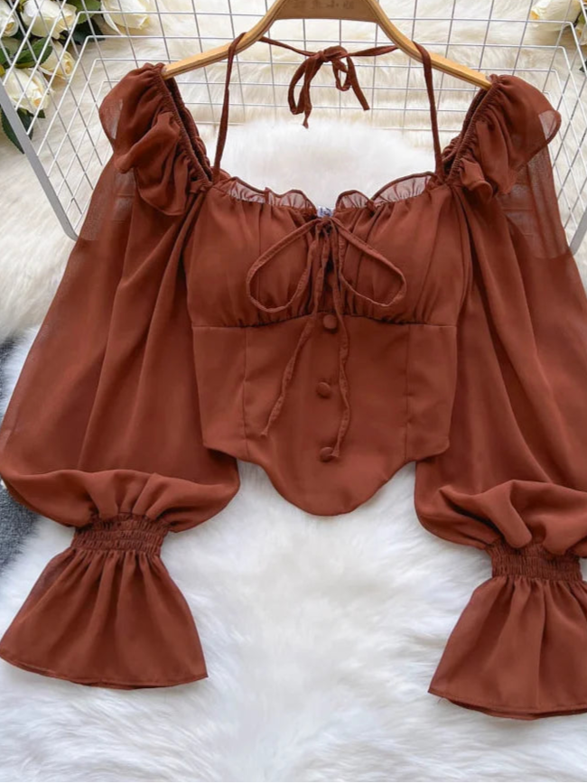 Flare Sleeve Women Top Ruffle Solid Elastic Waist Halter Backless Chiffon Blouse