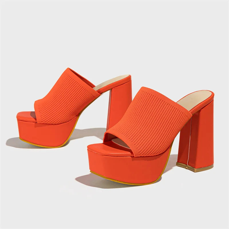 Knitted Platform Slippers Chunky High Heels Women Peep Toe High Heel Slippers