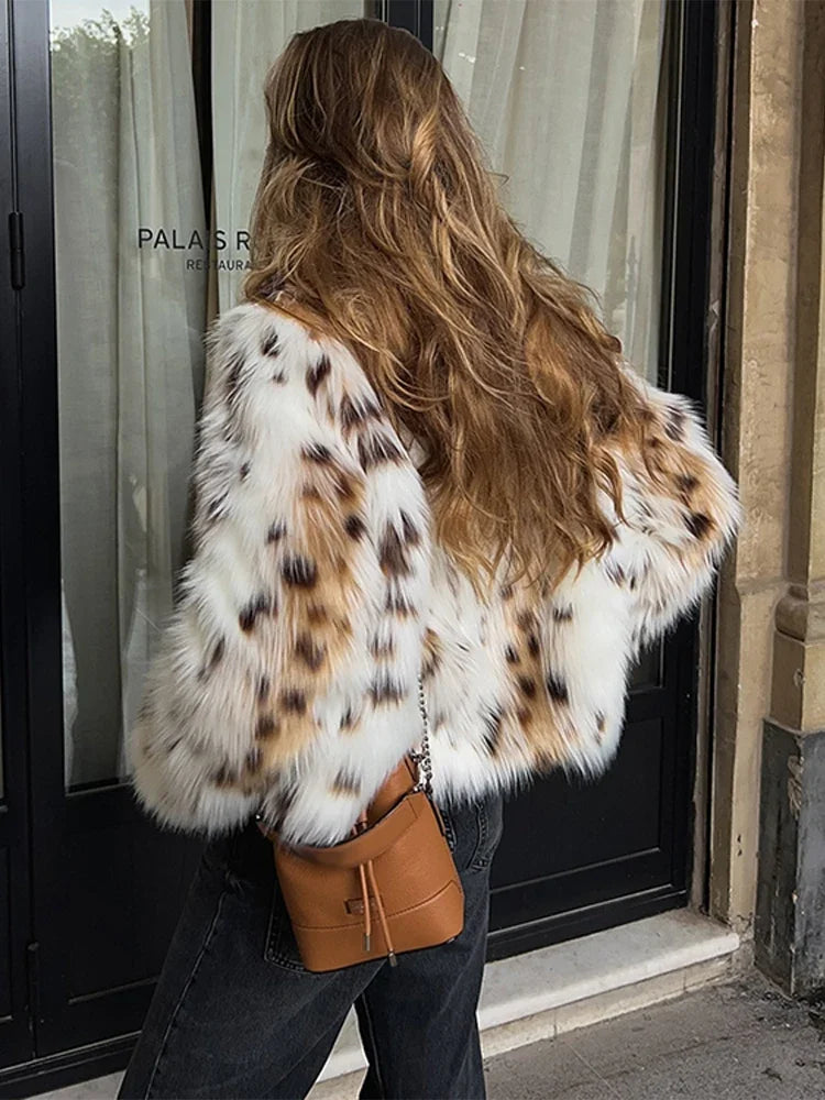 Elegant Leopard Print Faux Fur Cropped Jacket For Women Outwear