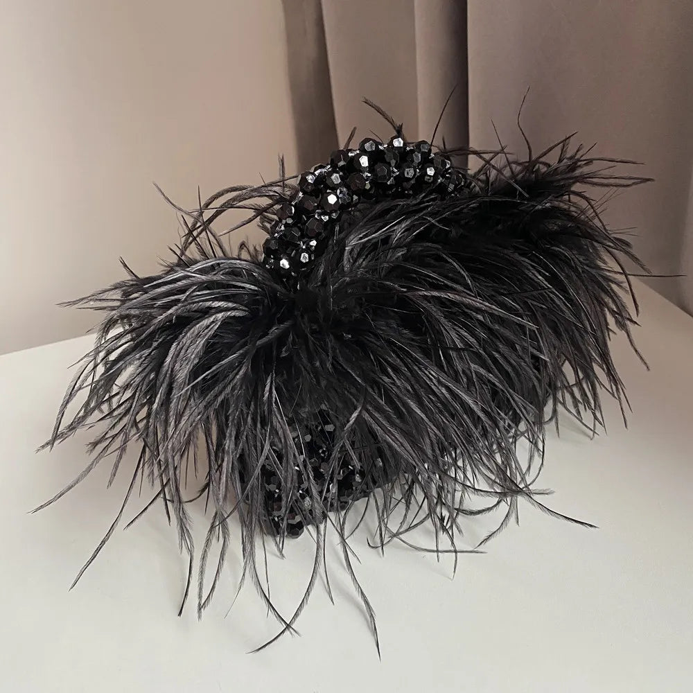 Pearl Bead Bag With Feather Fur Designer Brand Clear Acrylic Crystal Handbag Handmade