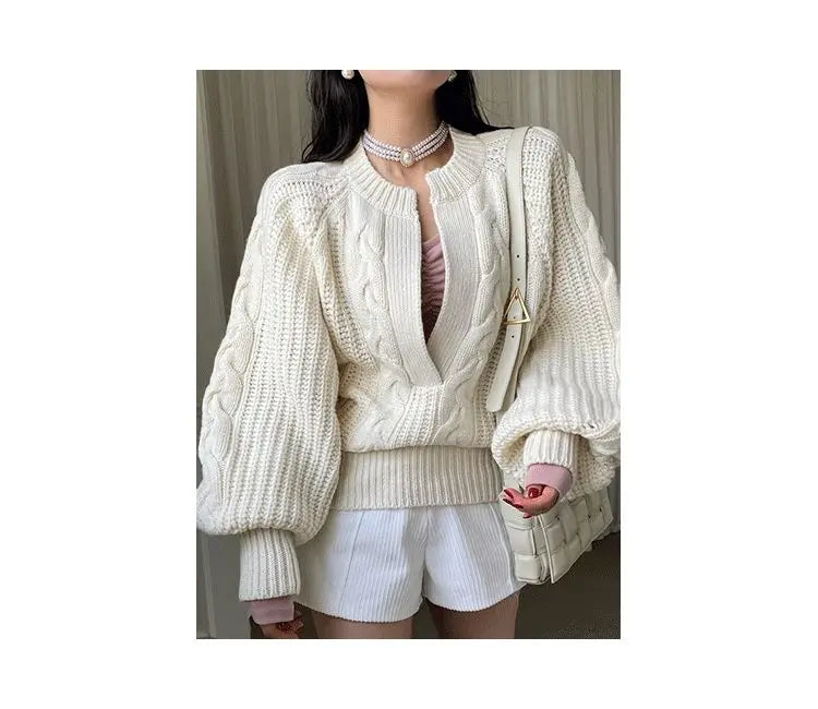 Chic Fried Dough Twists Pattern Pullover Loose Lantern Sleeve Knit Sweater