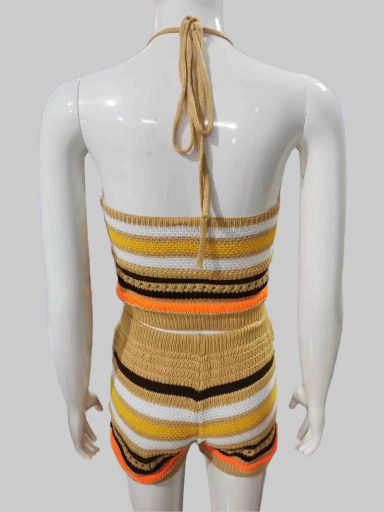 Striped Hollow Out Top & Drawstring Shorts Set Women Two Piece Set Y2k Club Beach Vest Halter Tops Elastic Waist Summer outfit
