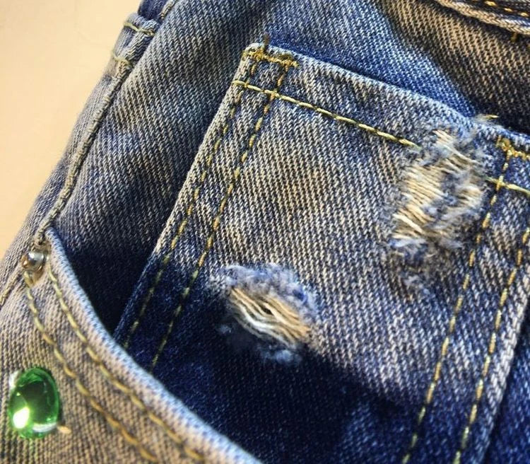Diamond Beaded Denim Knee Length Shorts Summer Loose High Waist Shorts
