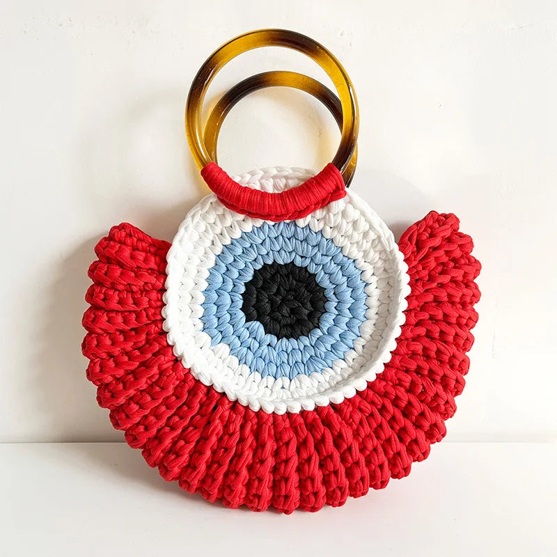 Rope Crochet Handbags Tassel Tote Round Handle Clutch Yarn Beach Bags for Women