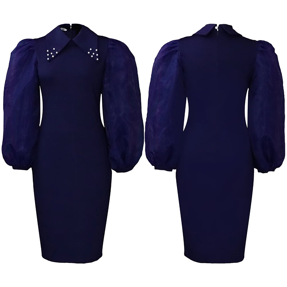 Elegant Office Dress fro Women Professional Full Sleeve Turn Down Collar Beaded Sheath Package Hips Mid Calf Formal Work Dress