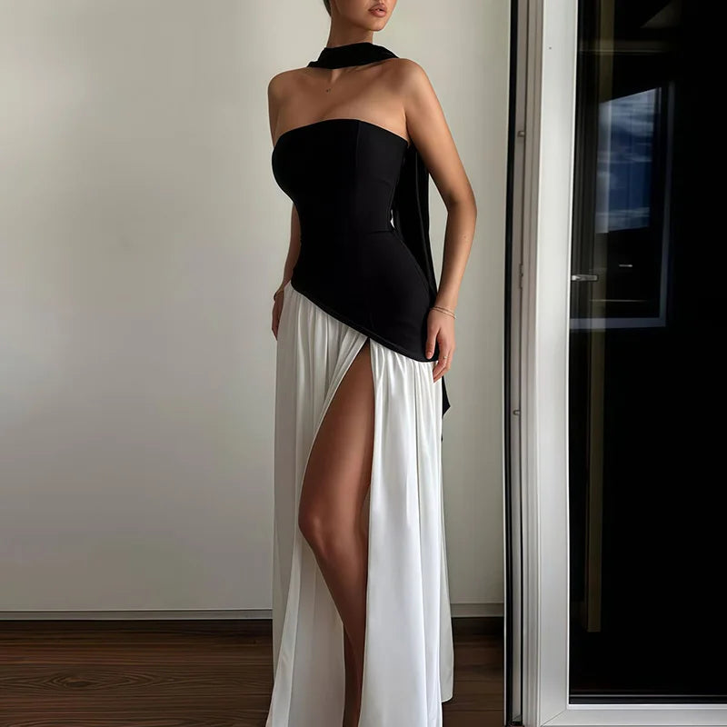 Elegant Strapless Scarf Neck Pleated Dress Woman Sexy Slim Solid Backless Evening Dress