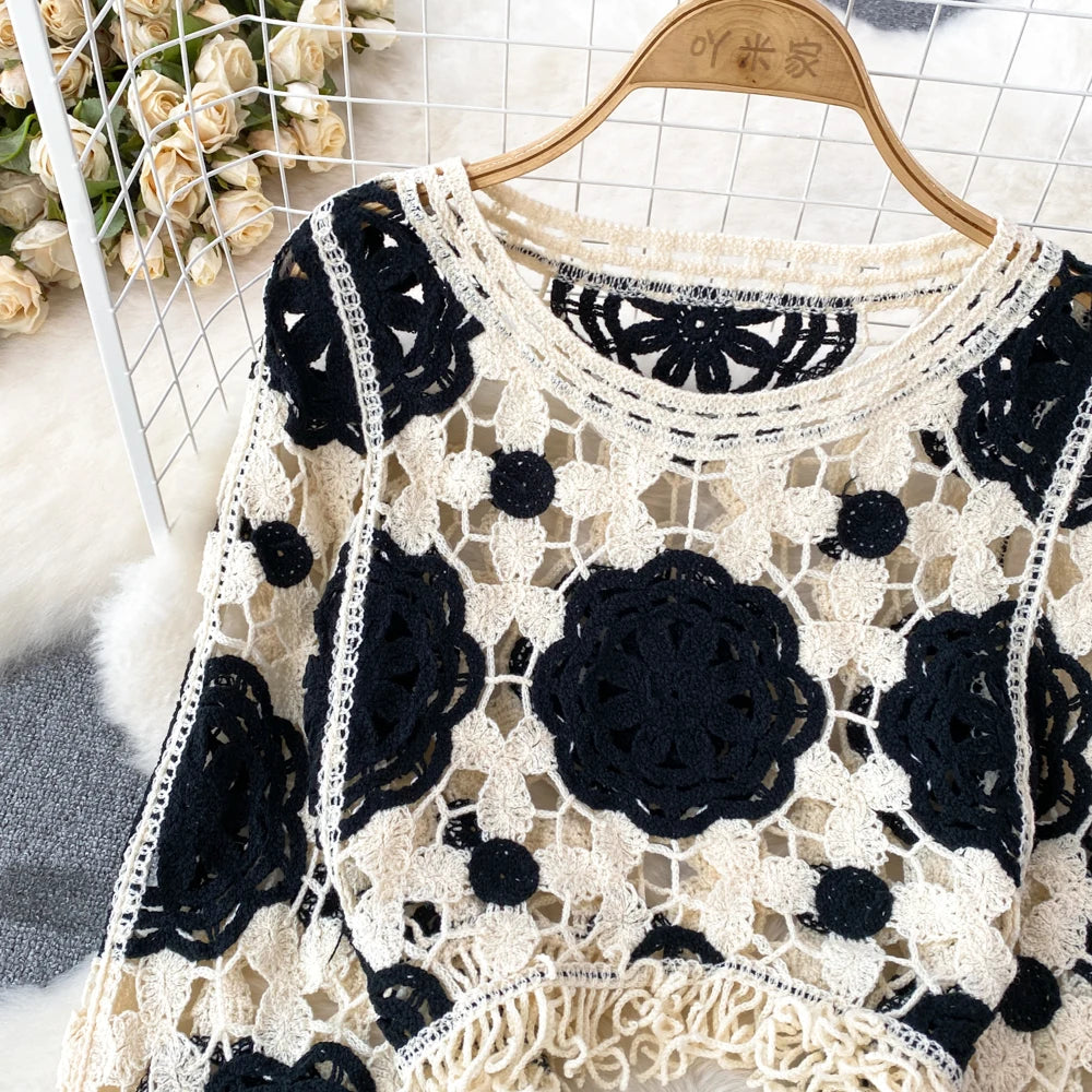 Sunscreen Hook Summer Knit Top Women Elegant O Neck Hollow Out Lantern Sleeve Ladies Vacation Tassel Beach Blouse