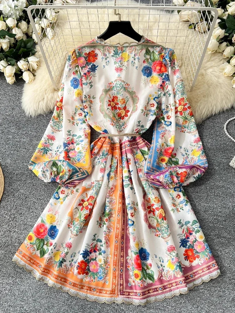 Elegant Vintage Luxury Evening Dress Women Print Sashes Button Short Party Dress Female Casual Holiday Clothing