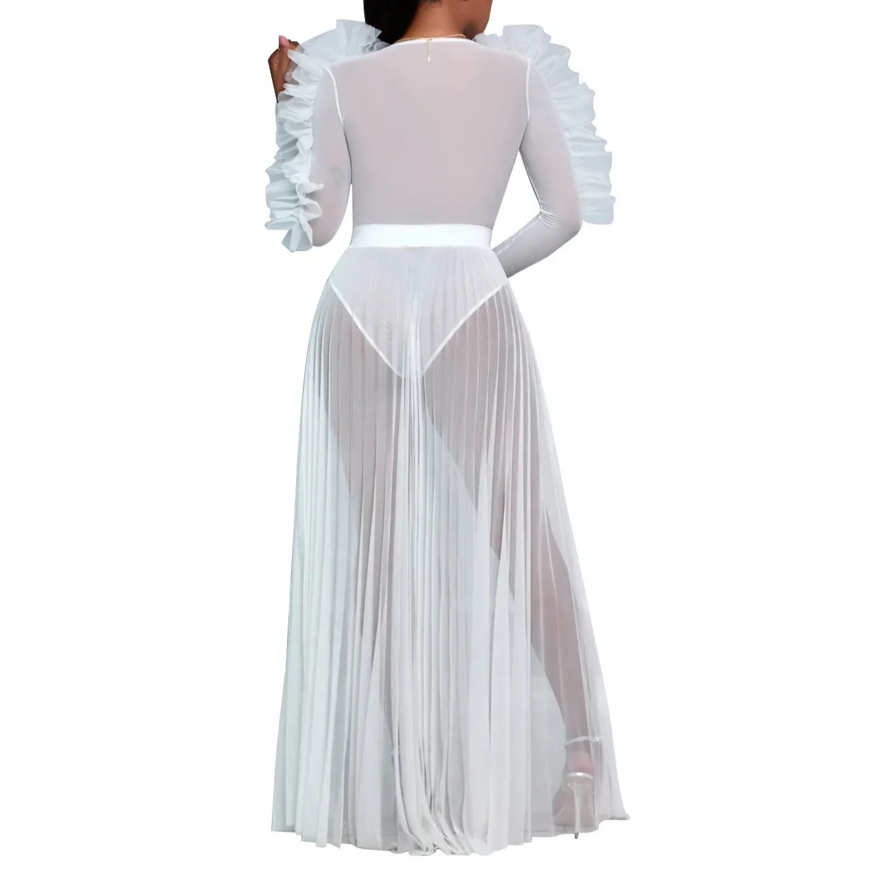 Women Selvedge Ruffles Full Sleeve V-neck Long Maxi Dress Birthday Mesh See Through Party Evening Dress