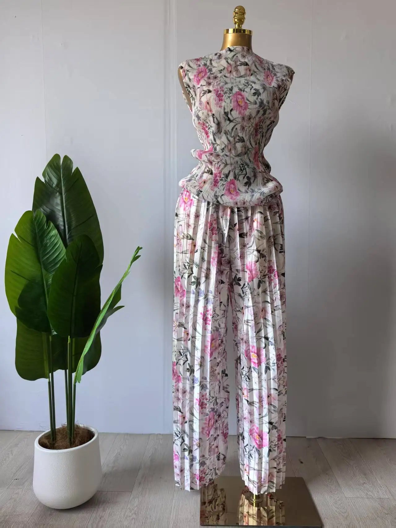 Women Set Floral Print Short Sleeve Pleated T-Shirt + Wide Leg Pants Two 2Piece Sets