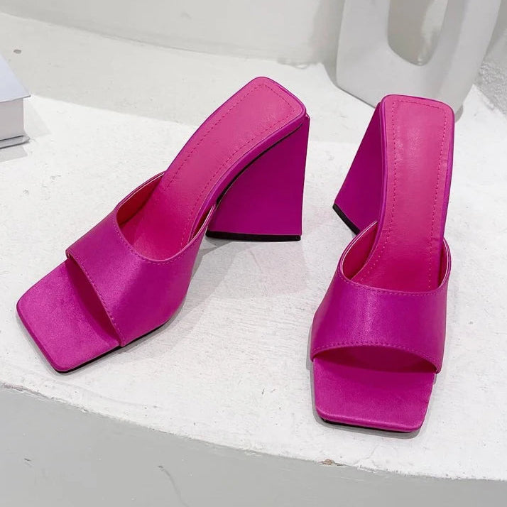 Silk Triangle Square Heels Heel Woman Slippers Sexy Street Party Square Toe Heels