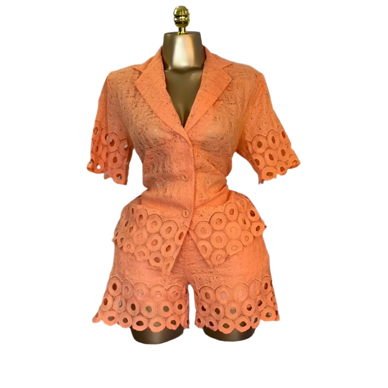 Lace Embroidery Women's Set half Sleeve Shirt and Shorts Two 2 Piece Sets Outfit