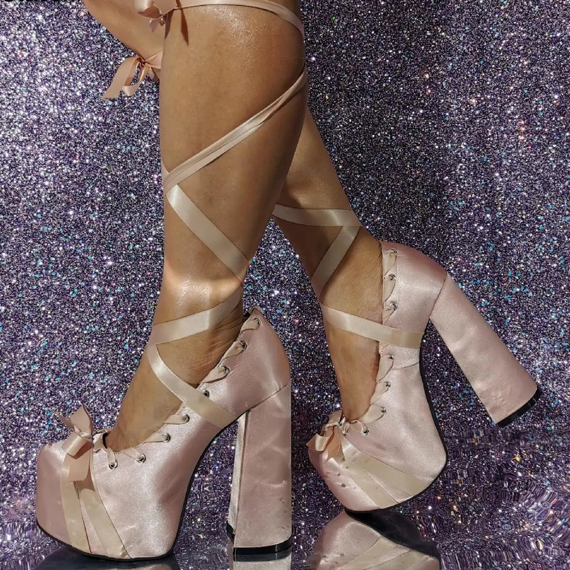 Lace Up Cross Straps Bow Lolita Shoes Women Platform Satin Sandals Sweet High Block Heels Square Toe Thick Bottom Women Pumps