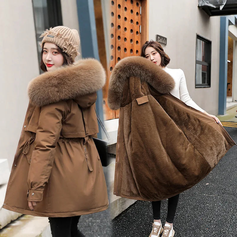 Women Long Wool Lined Hooded Parkas Winter Jacket