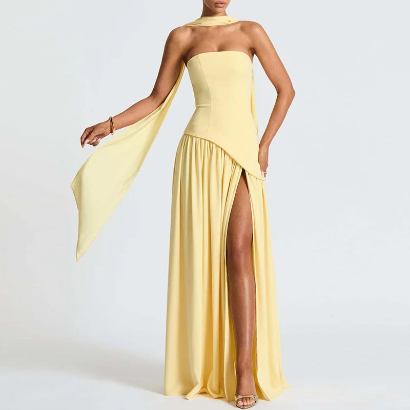 Elegant Strapless Scarf Neck Pleated Dress Woman Sexy Slim Solid Backless Evening Dress