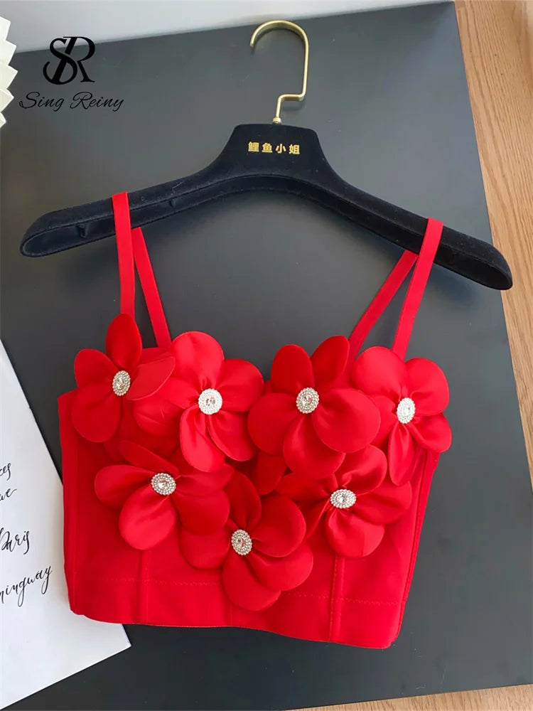 Women 3D Floral Lingerie Top Strap Chest Pad Solid Backless Corset Tank Top