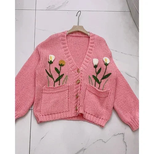 Women Handknit Floral Vintage Apricot Cardigan Women Sweater Clothes Knitwear