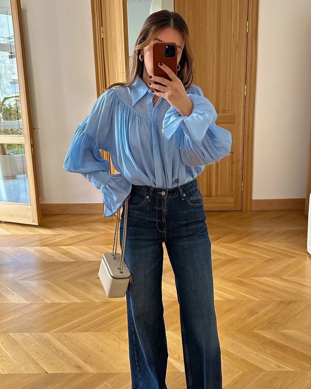 Summer Ruffled Loose Shirts For Women Lapel Long Sleeve Casual See-Through Blouse