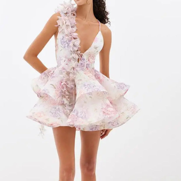 3D Flowers Lace Up Printed Layered Mini Dress Backless Deep V-Neck Mini Dress
