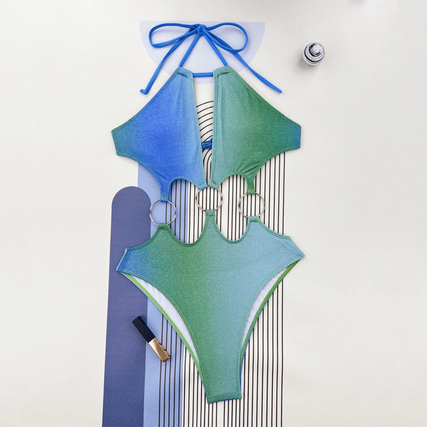 Women Swimsuit Sexy Snake Skin Printed Monokini Gradient Halter One Piece Swimsuit Swimwear