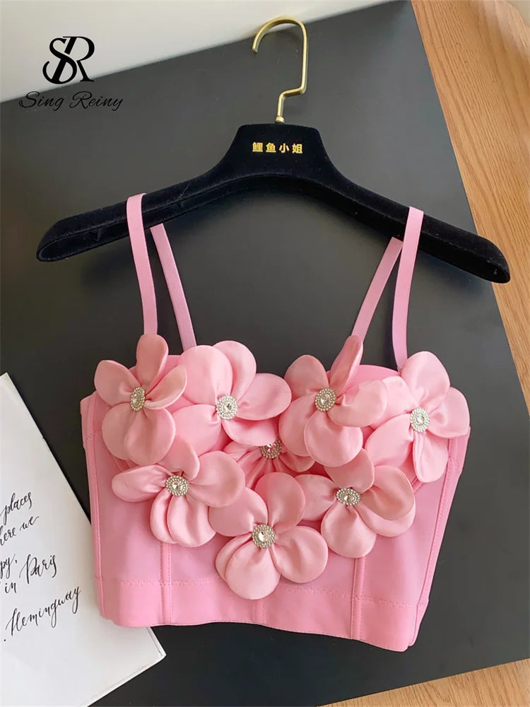 Women 3D Floral Lingerie Top Strap Chest Pad Solid Backless Corset Tank Top