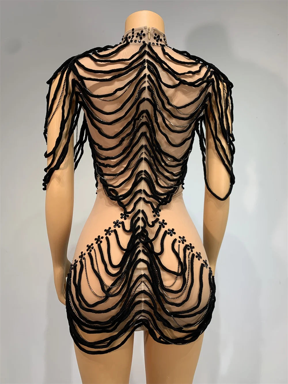 Mesh Rhinestones Chain Mini Dress Nightclub Party Performance Outfit