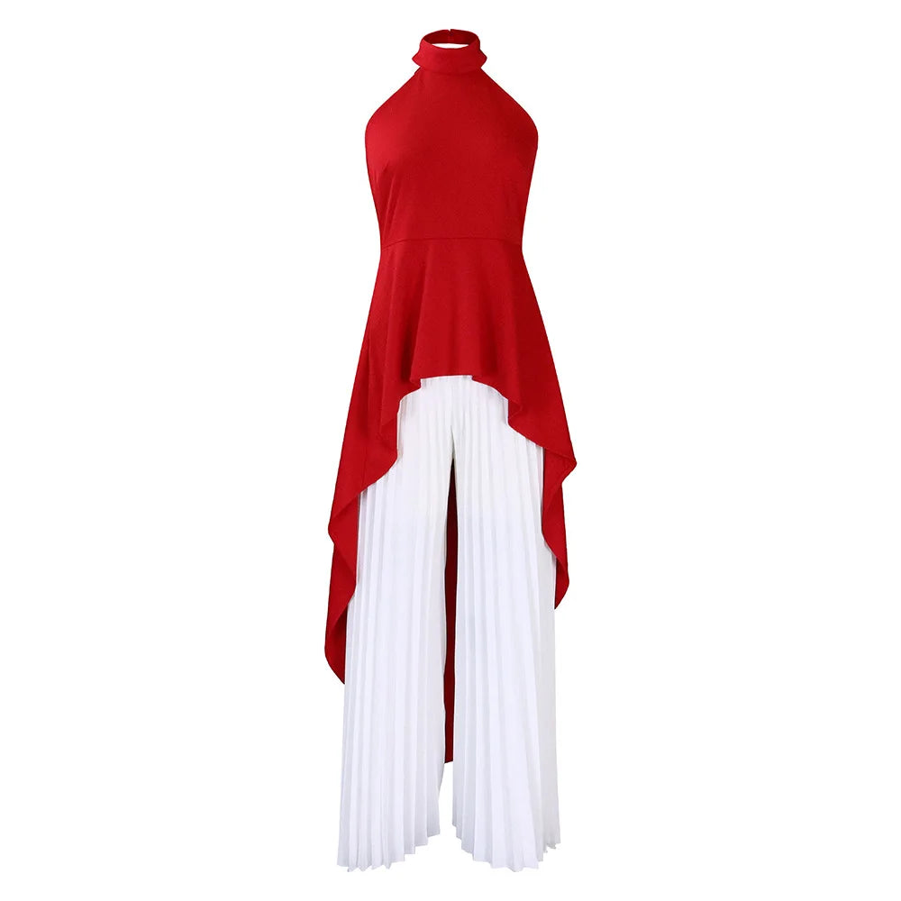 Elegant Two Piece Set Women Outfit Backless Top Hundred Pleated Wide Leg Pants Trousers Suit Summer Office Lady Suit