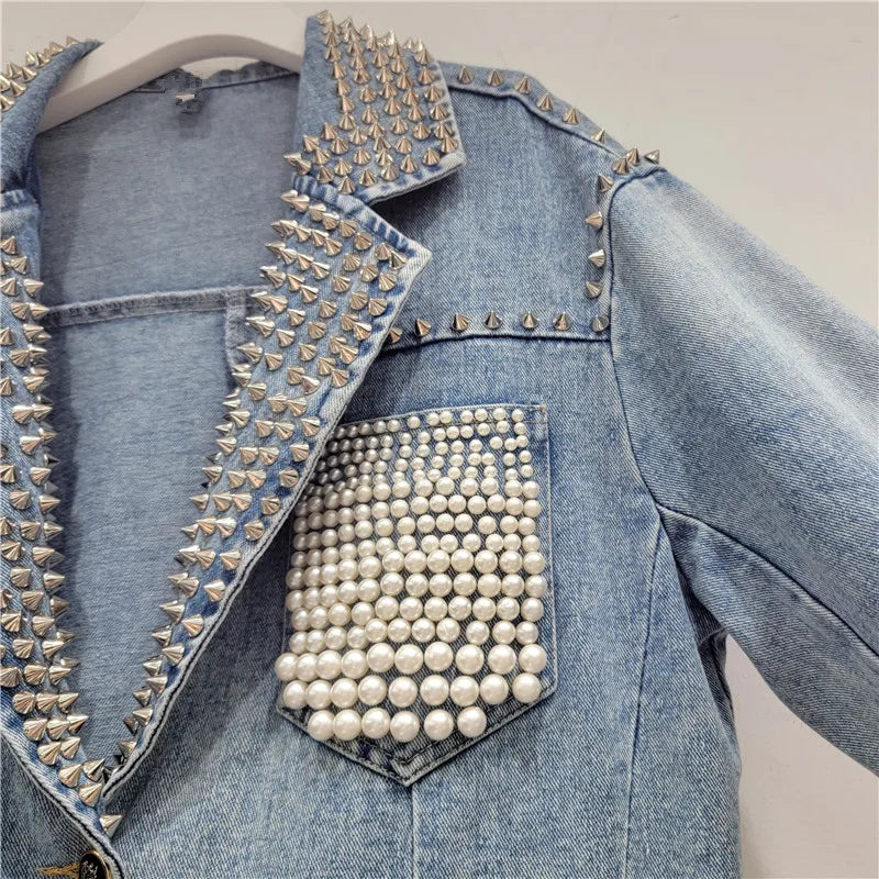 Women Pearls Beaded Denim Jacket Turn Down Collar Jeans Blazers