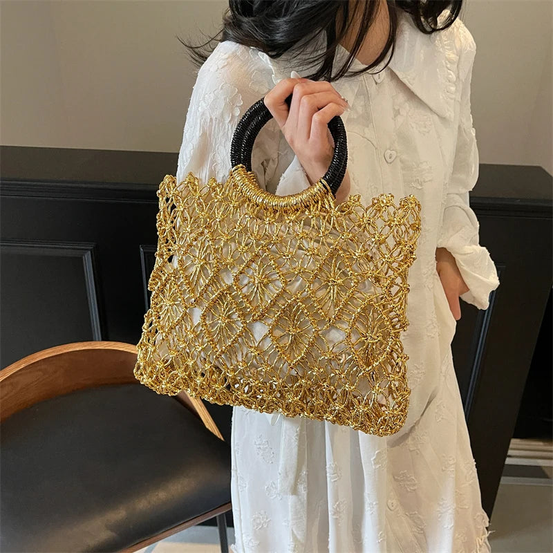 Handmade Woven Design Round Handle Handbags For Women