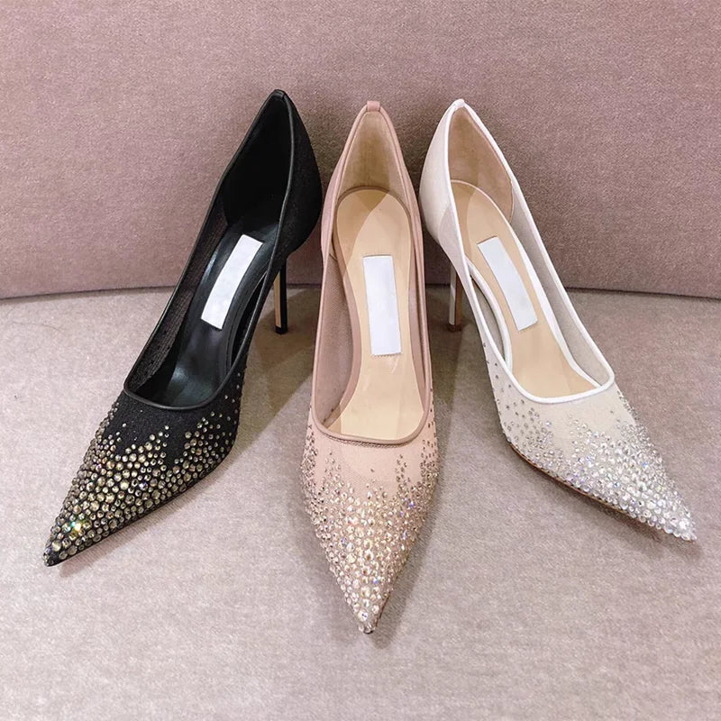 Mesh Pointed Shallow Mouth Sexy Pump Heels Stiletto Shoes Bridal Shoes