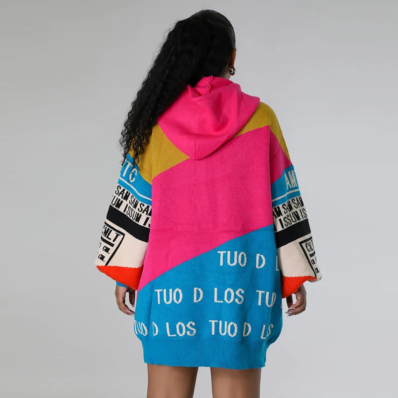 Autumn and Winter Hooded Drawstring Long Sleeves Color Matching Letters Loose Long Sleeves Women's Sweater Jumper