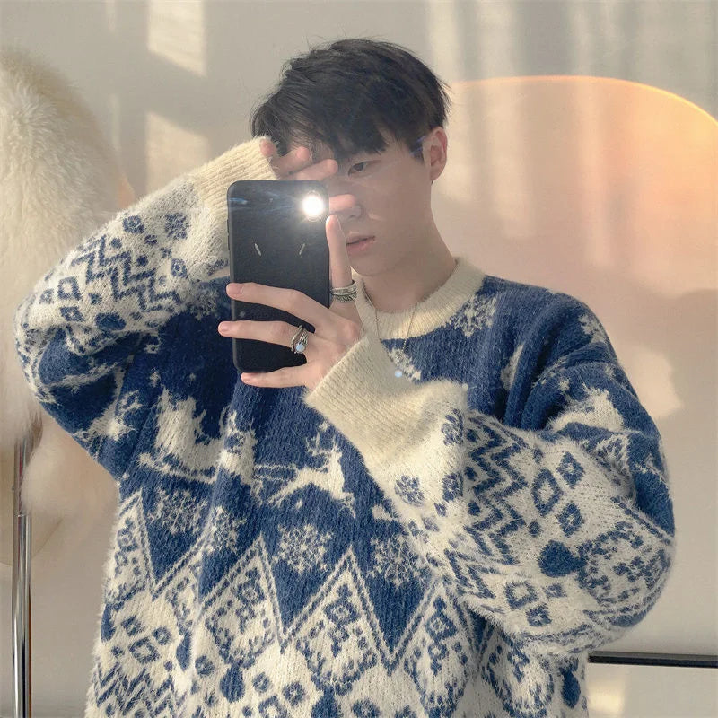 High Quality Plush Knitted Christmas Red Pullover Oversized Couple Sweater