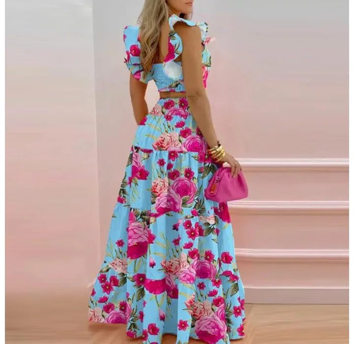 Y2k Two Piece Set Elegant Sexy Collage Sleeveless Top and Maxi Skirt Set