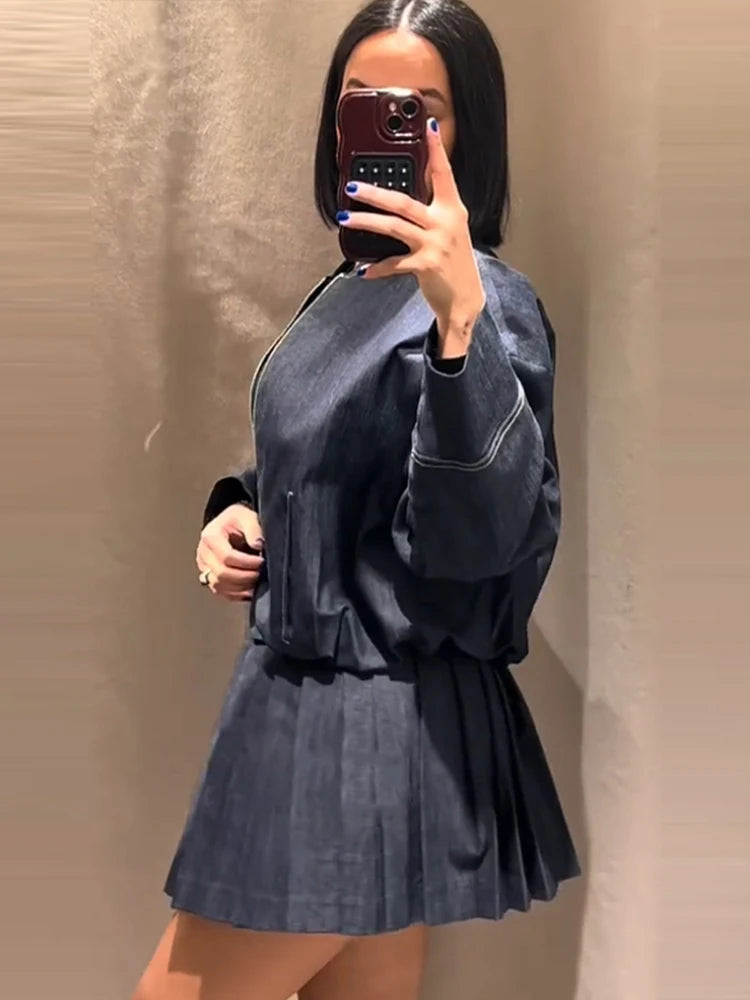 Denim Jacket Mini Skirt Women 2 Piece Set Stand Collar Zipper Long Sleeve Pocket Coat A-line Skirts