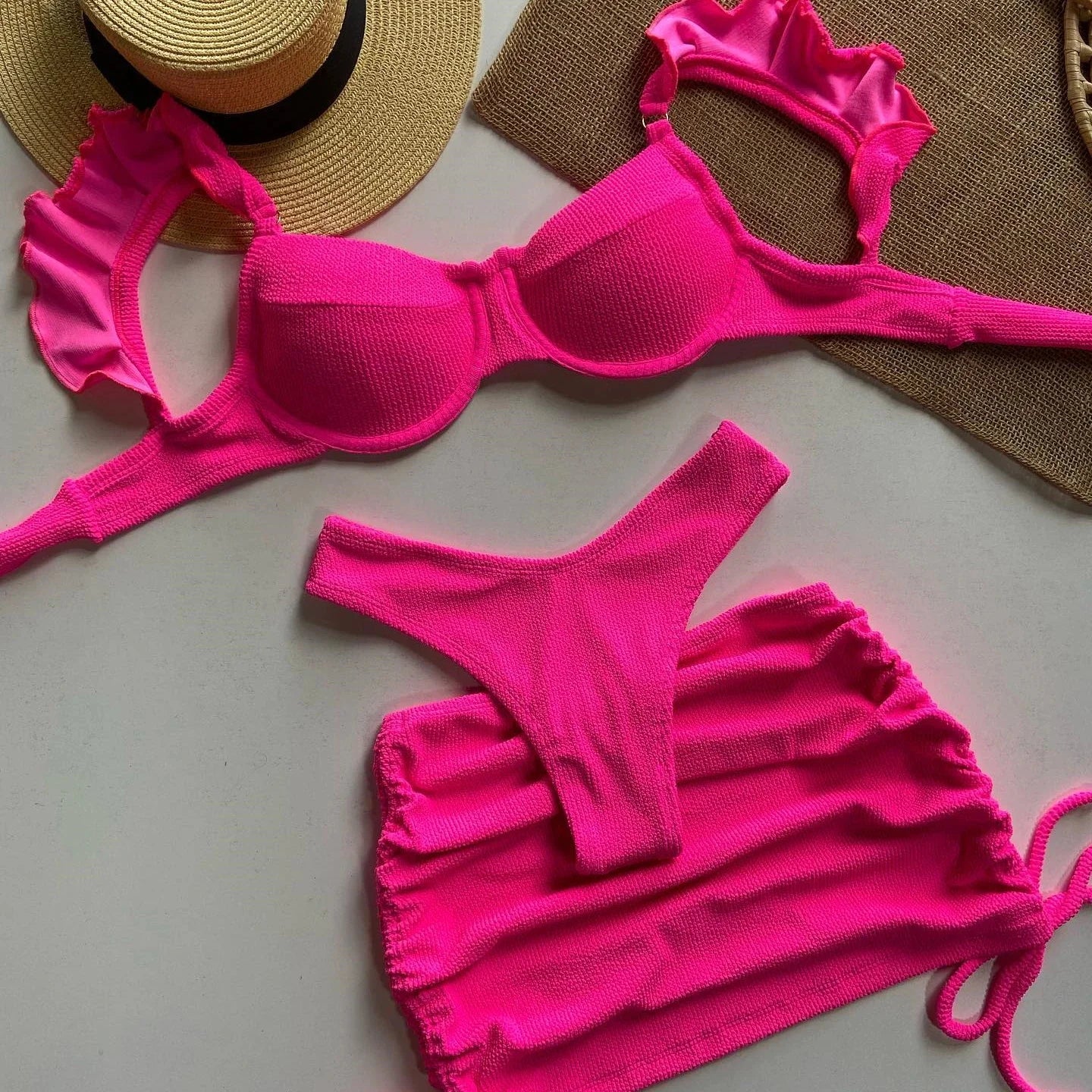 Solid Wavy Fabric Low Waist Ruffle Bikini Set Cover Up Swimsuit For Women
