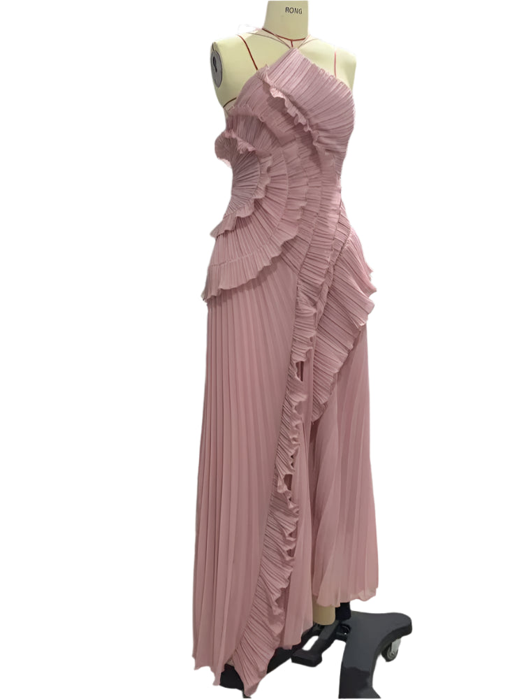 Sexy Halter Neck Pleated Ruffled Long Dress Women Bridesmaids Maxi Dress