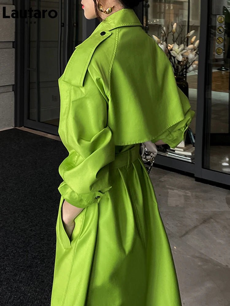 Luxury Long Oversized Bright Green Faux Leather Trench Coat for Women
