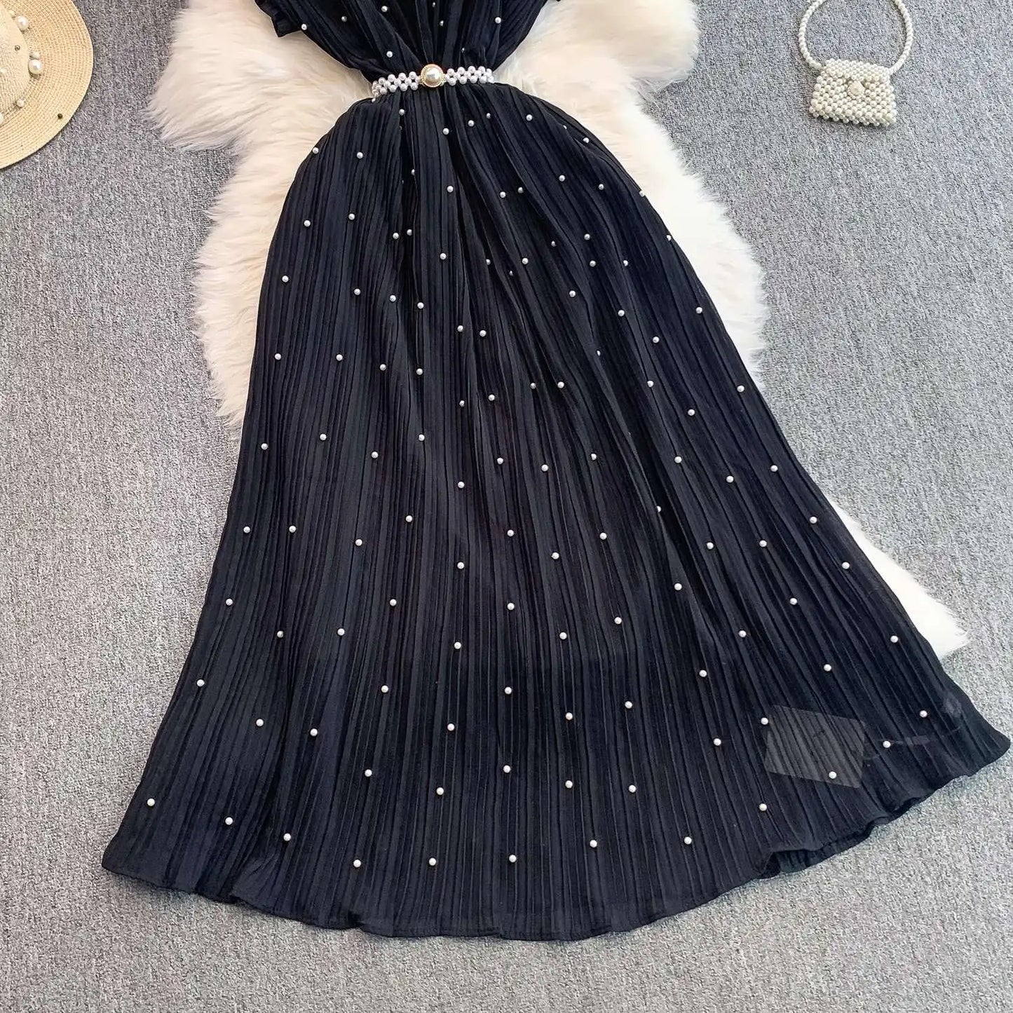 Summer Luxury Pearls Long Chiffon Dress For Women Loose Big Size Short Sleeve Crystal Birthday Evening Midi Pleated Dresses