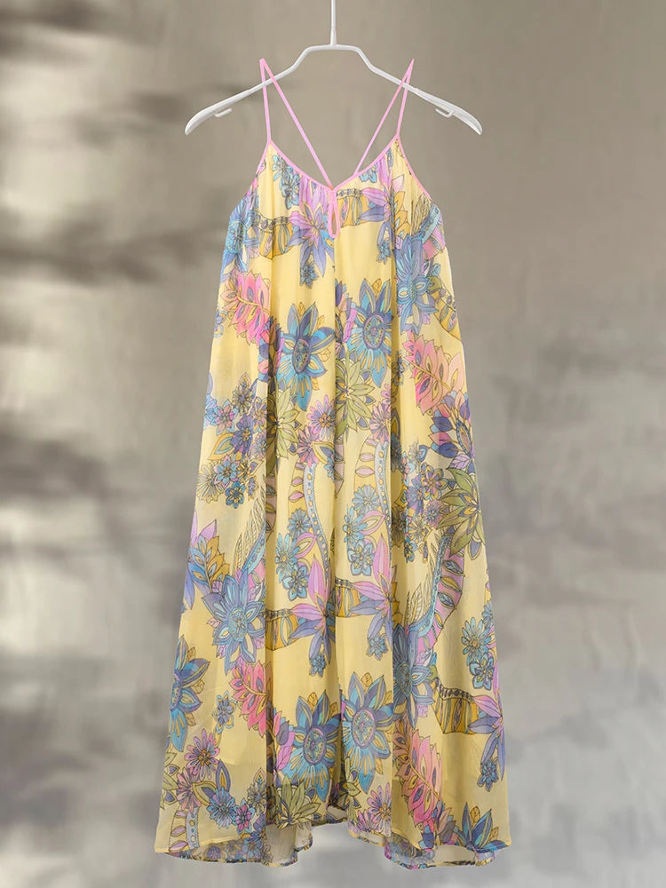 Print Floral Women's Dress Halter V-neck Sleeveless Hollow out Straight Vacation Dress