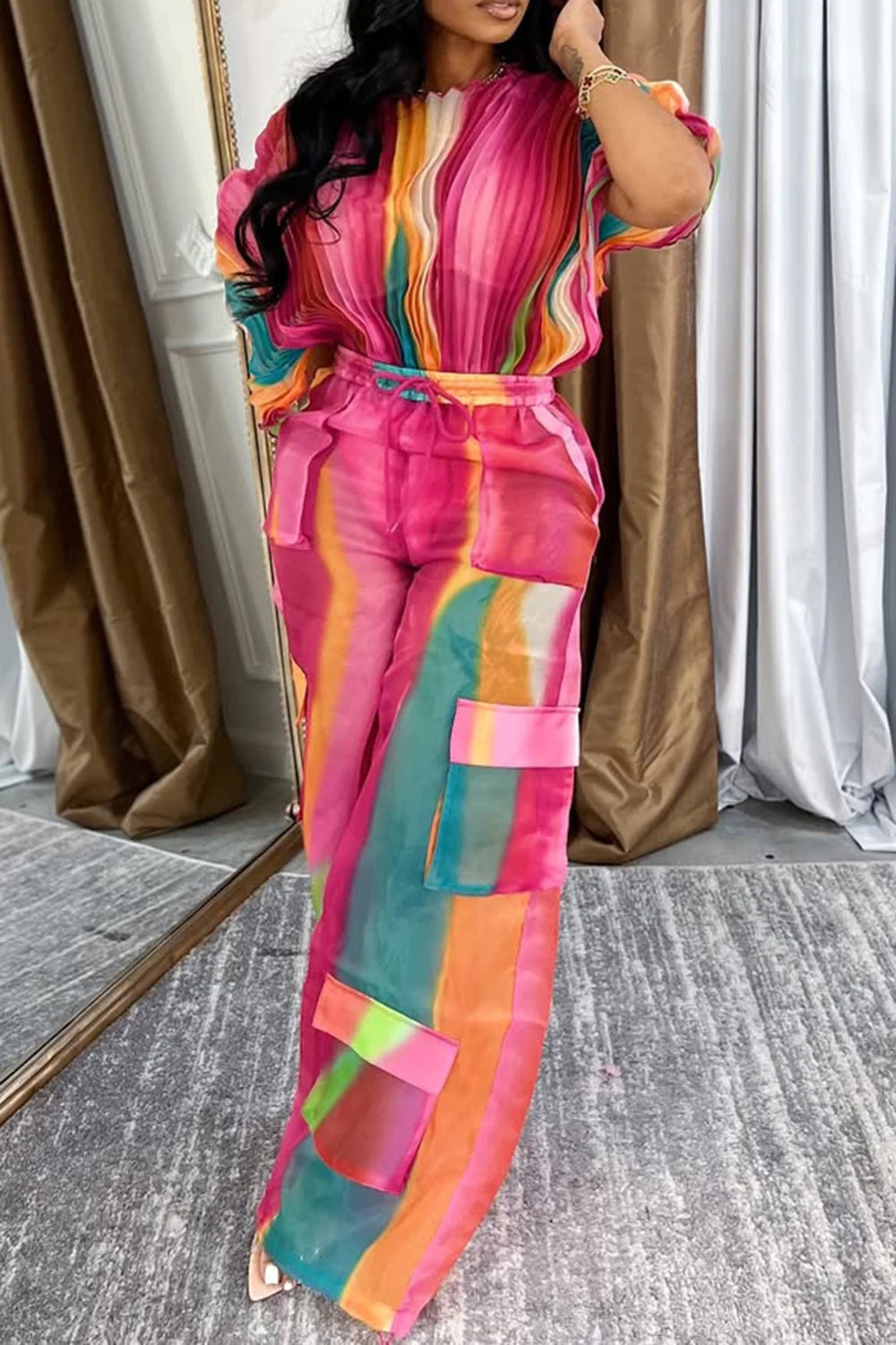 Plus Size Hot Pink Gradient Round Neck Batwing Sleeve Half Sleeve Cargo Pleated Two Piece Pant Sets