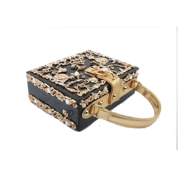 High-Grade Crystal Evening Bag Female New Hollow Out Metal Carved Flower Diamond Handbag
