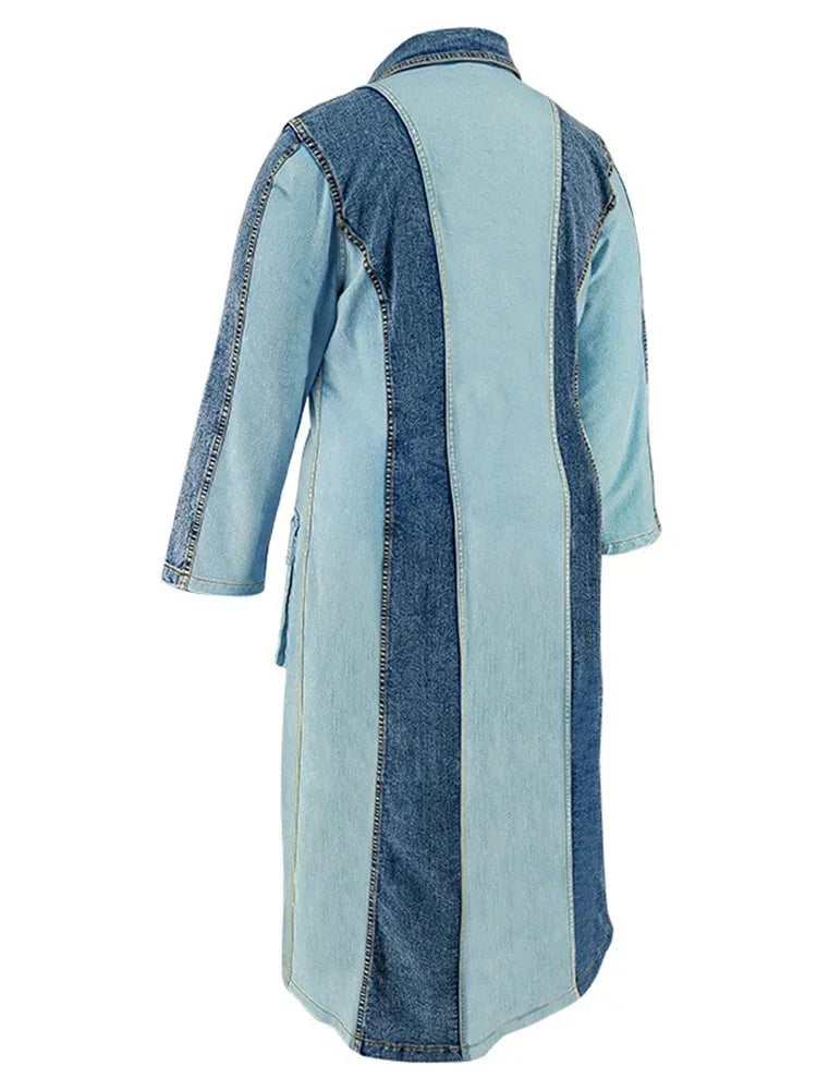 Plus Size Denim Dresses Women Long Sleeve Casual Button Pockets Striped Maxi Dress